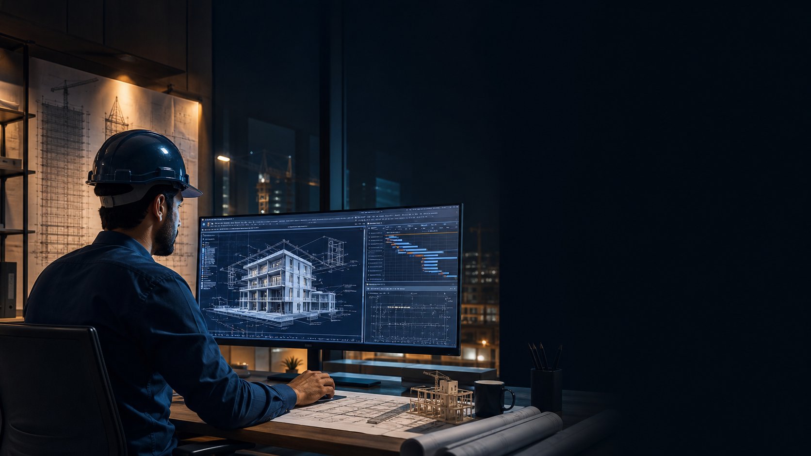 مهندس يعمل على مخططات ومشروعات هندسية